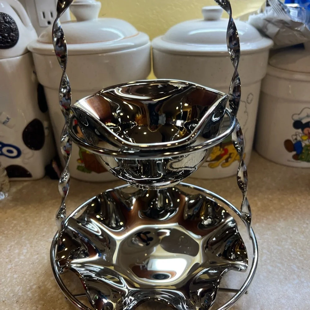 Vintage Sliver Toned Glass 2 Tier Dessert Candy Dish 10.5 Tall Non Tarnish